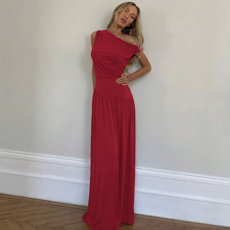 European and american women's clothing  summer new fashion solid color cinched waist slimming slant neck sleeveless dress - wholesale for export