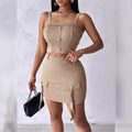 button-down square neck cami top and flap detail midi skirt two-piece set - this year's must-have