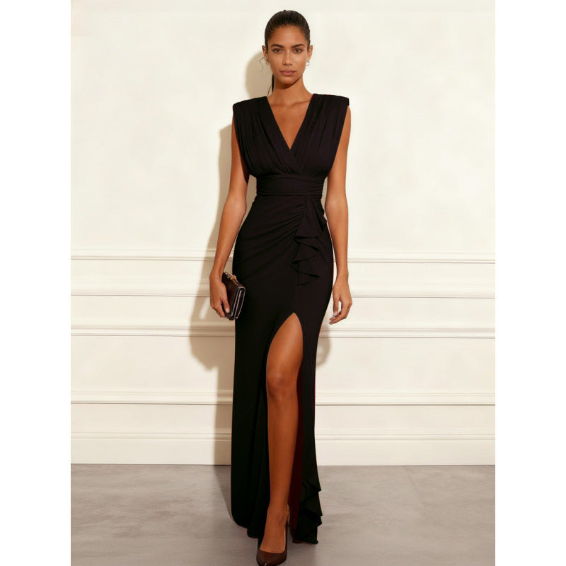 Independent station  pure colorcasualv neck sleeveless slit dress