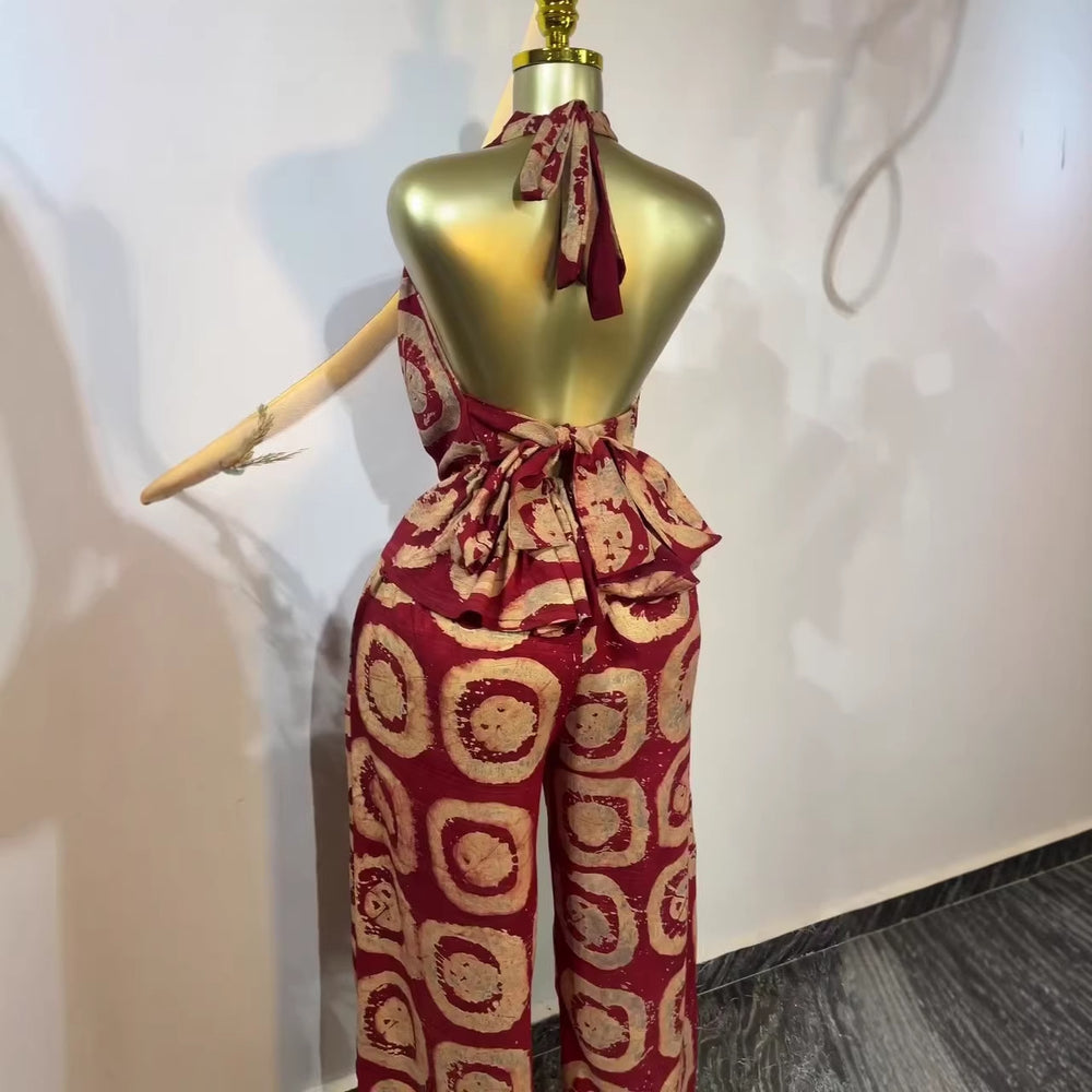 European and american cross-border women's fashion:  summer new collection - vintage print, backless sleeveless top & wide-leg pants set