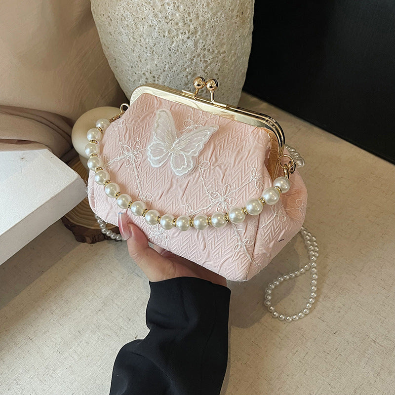 Foreign trade new Chinese embroidery small bag women's 2025 summer new fashion pearl chain mouth gold bag versatile messenger bag