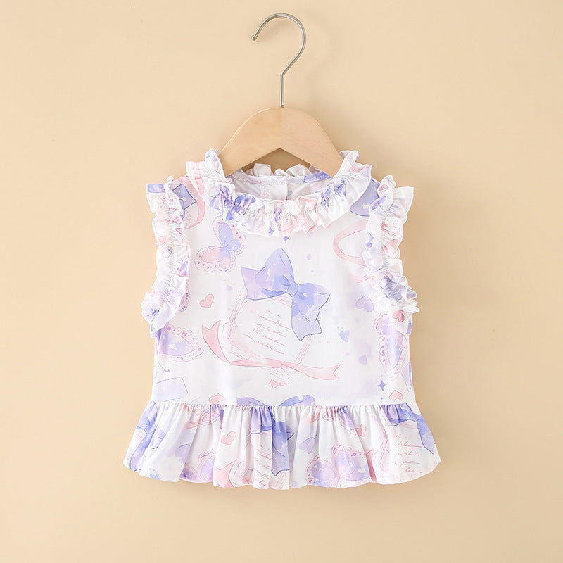 Girls' cotton rayon top - cartoon print, loose-fit, breathable, cute summer lightweight pajama set with lace trim