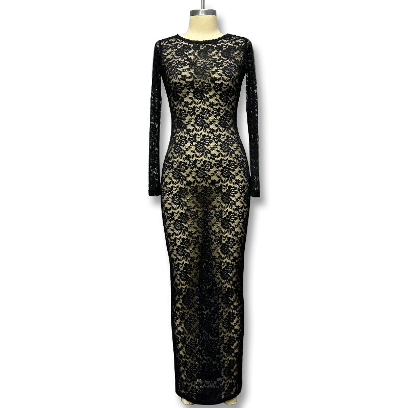 autumn new women's fashion export  european and american hollow-out lace pattern see-through slim-fit long dress