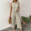 lazy style cotton and linen two-piece set hem cut outembroider sleeveless vest elastic draped wide-leg three-quarter