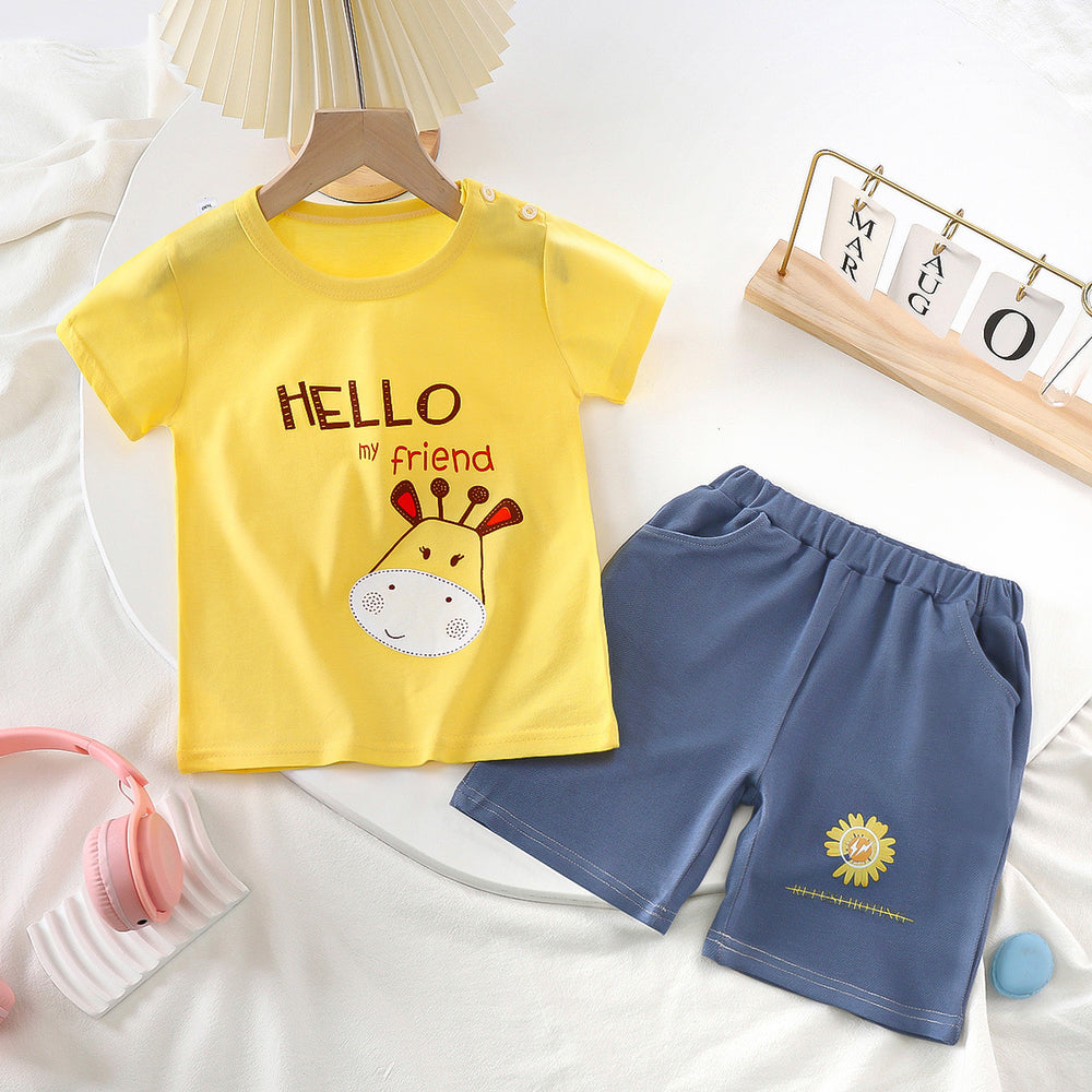 summer kids' short-sleeve set: toddler & children's pure cotton denim casual short-sleeve & shorts two-piece outfit - dropshipping available