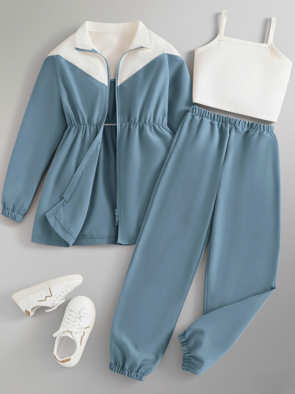 Girls' activewear three-piece set: blue color block jacket, cinched waist cami top, and long pants - autumn outfit for kids