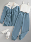 Girls' activewear three-piece set: blue color block jacket, cinched waist cami top, and long pants - autumn outfit for kids