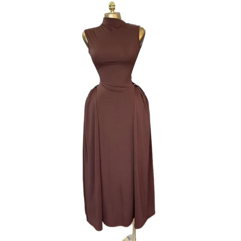 European and american cross-border women's fashion  summer new arrival: elegant turtleneck high-waisted sleeveless midi brown dress