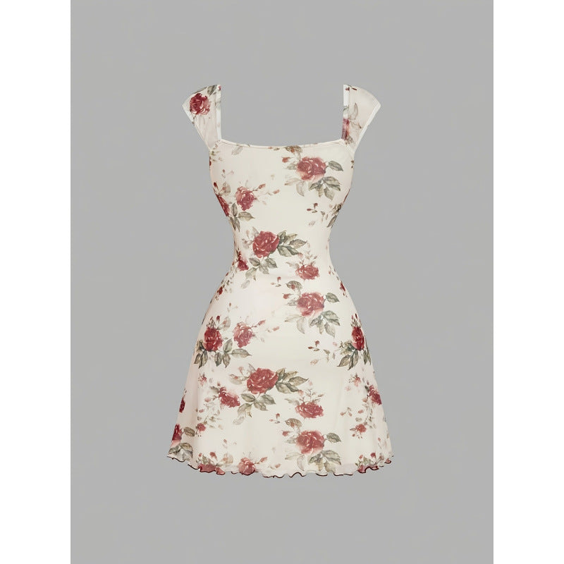 Women's summer french romantic elegant mesh floral print bow detail square neck a-line mini dress