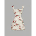 Women's summer french romantic elegant mesh floral print bow detail square neck a-line mini dress