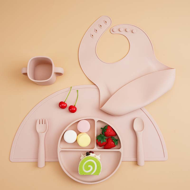 Children's food-grade silicone tableware set, baby separation plate, saliva pocket, complementary food bowl, six-piece tableware set