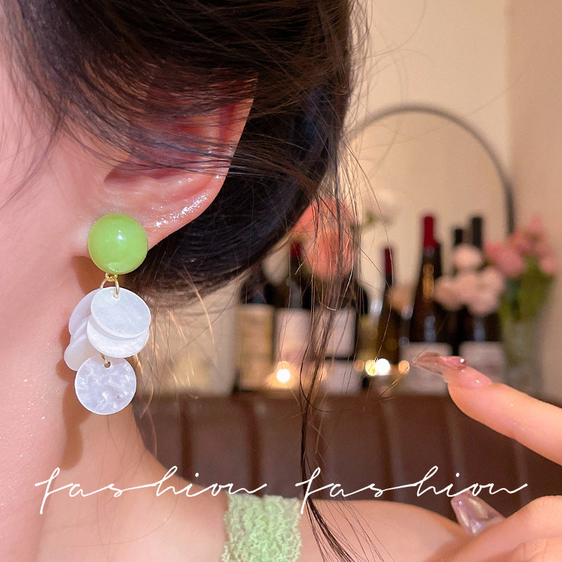 Avocado green shell stud earrings - sweet dopamine earrings for women, new 2026 high-end resort style beach earrings