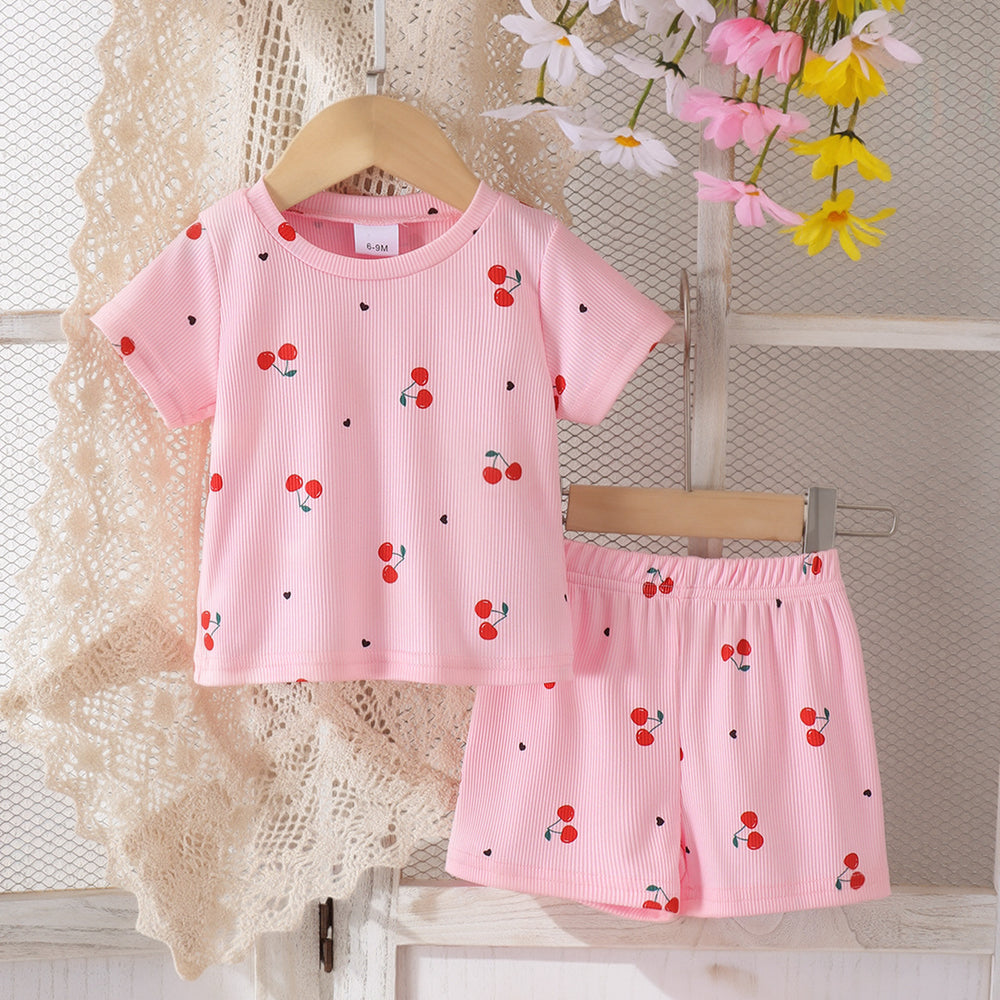 exclusive supply of new arrival children's pink cherry t-shirt + shorts set for european and american girls