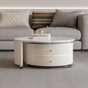 Sintered stone minimalist luxury living room coffee table - modern cream style rotating mobile round coffee table for small apartments