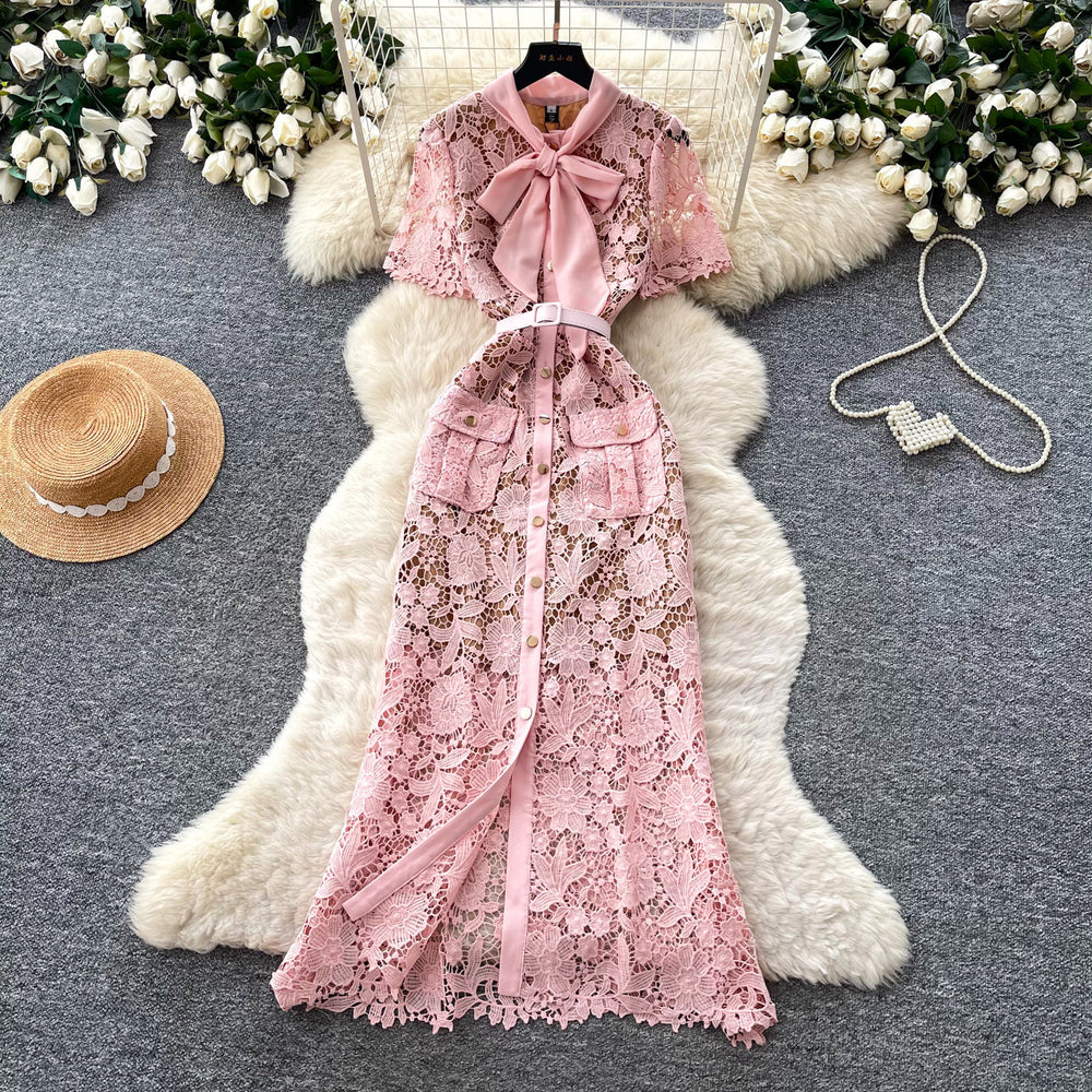 Frenchaccessible luxury heavy industry short sleeve lacedress women's summer lapel cut out waist slimming lookwork clothingelegance long skirt