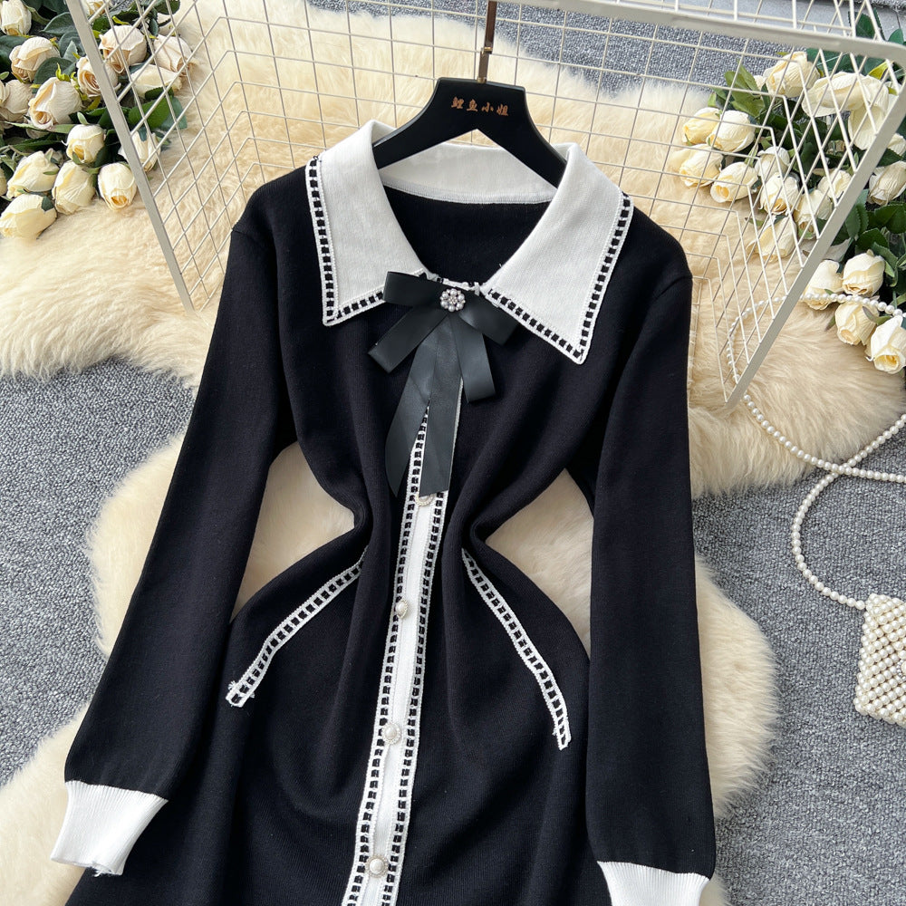 Xiaoxiangfengclassyfashionablecontrast color lapelbowssingle breasted waist slimming lookelegantknittingdress women