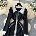 Xiaoxiangfengclassyfashionablecontrast color lapelbowssingle breasted waist slimming lookelegantknittingdress women