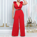 C8580 european and american women's clothing  new fashion v-neck sexy wide-leg pants solid color high-neck sleeveless cinched waist jumpsuit