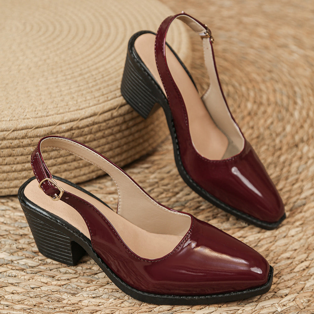export european size closed-toe backless women's sandals summer square toe fashion patent leather chunky heel burgundy high heels