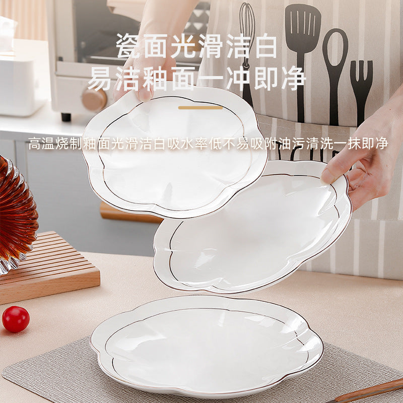 Wholesale gold-rimmed petal vegetable plate plum blossom plate for home ceramic dinner plate fish plate classy commercial cold dish plate