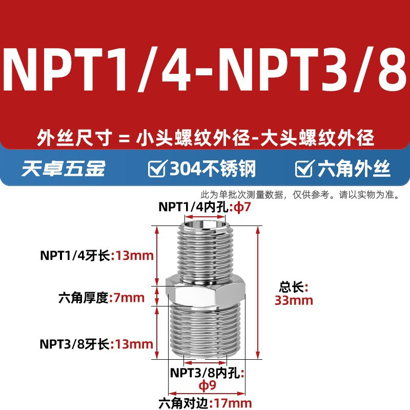 304 stainless steel hexagonal outer wire high pressure thickened direct joint double head external thread variable diameter head 2 points 4 points pair wire