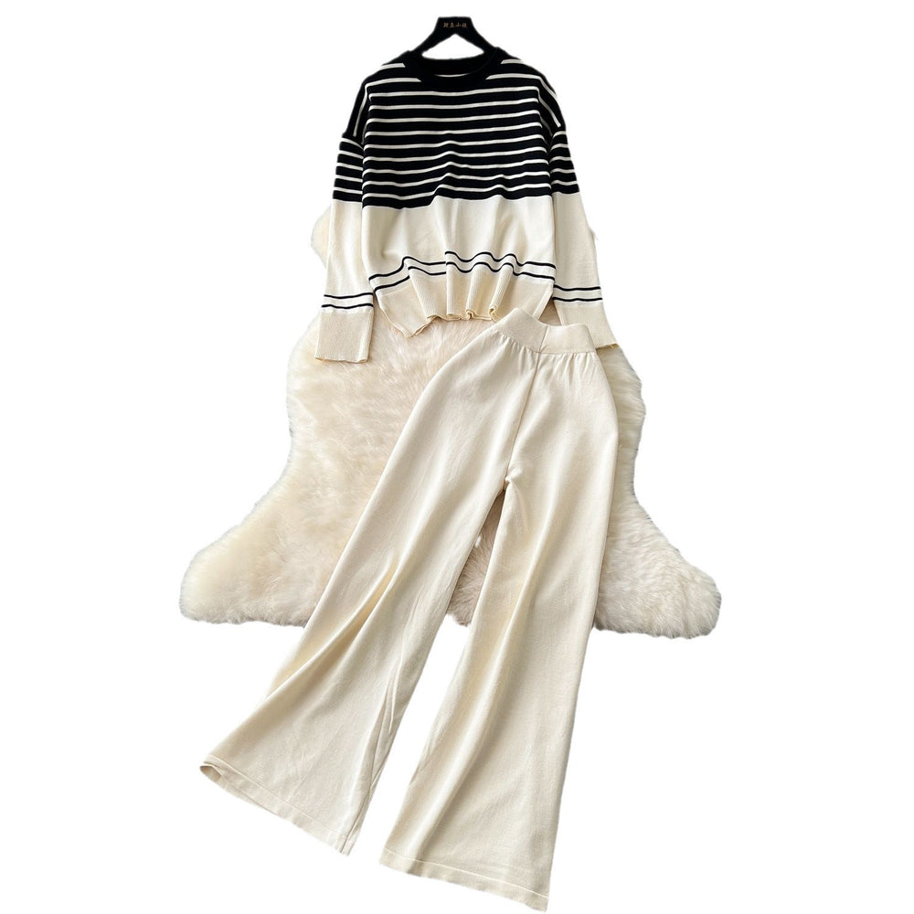 Plus-size slimming two-piece set: age-defying, versatile crew neck color block striped knit top with high-waisted wide-leg pants
