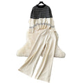 Plus-size slimming two-piece set: age-defying, versatile crew neck color block striped knit top with high-waisted wide-leg pants