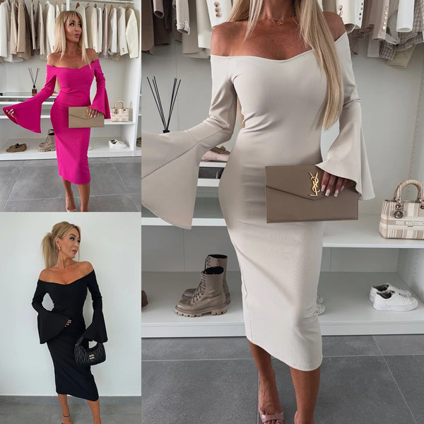 's new solid-color one-word collar flared sleeve dress