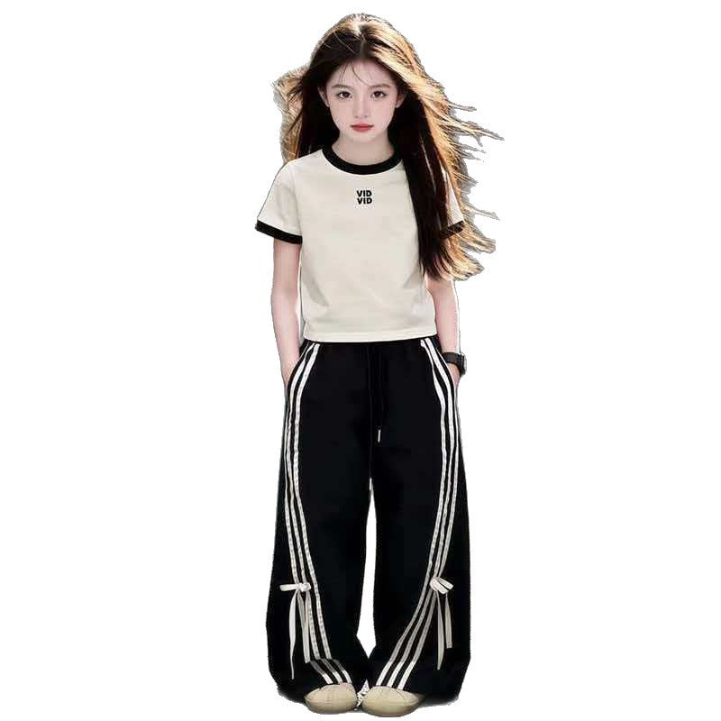 Girls' summer short-sleeve outfit:  spring/summer new collection - kids' letter print two-piece set with striped bow wide-leg pants