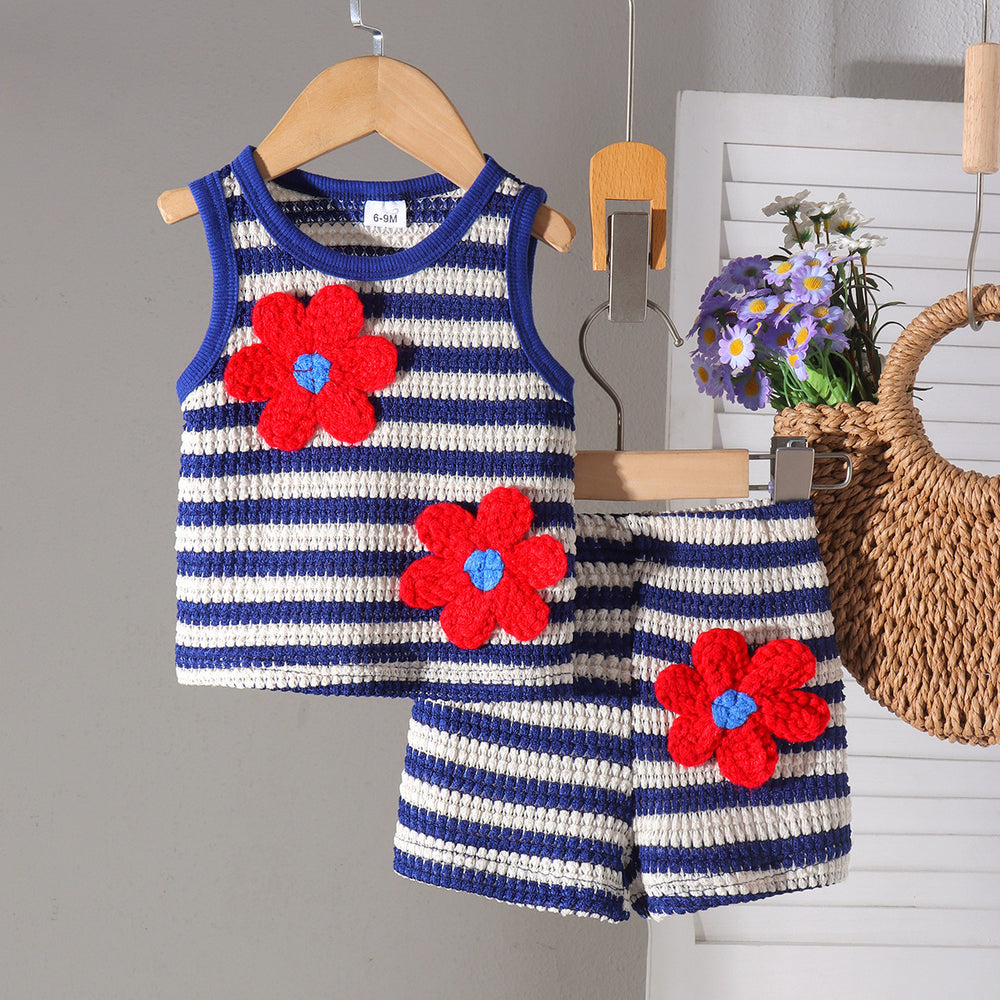 european and american girls' blue striped tank top + shorts baby clothing set