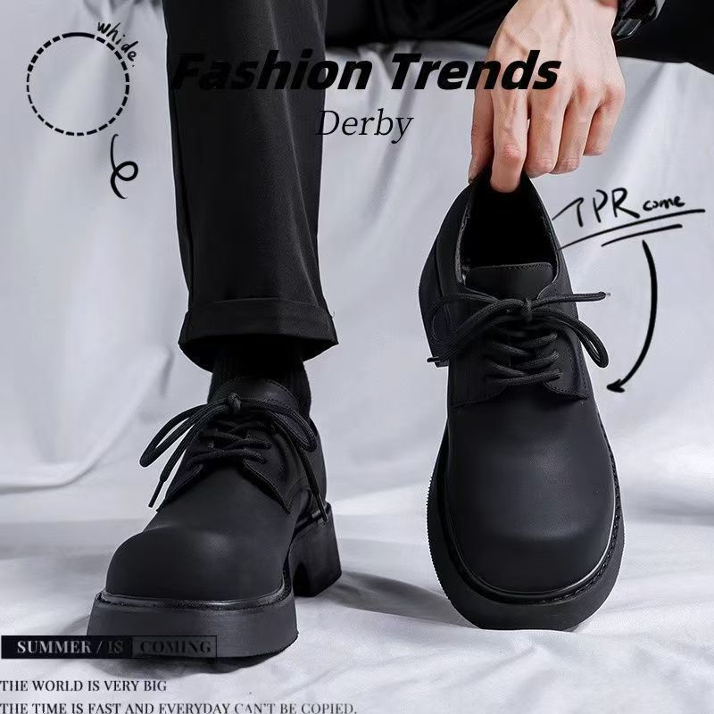 2025 spring new big toe derby men's shoes thick sole hong kong style niche styletrendycasual leather shoes men's workwear shoes trendy