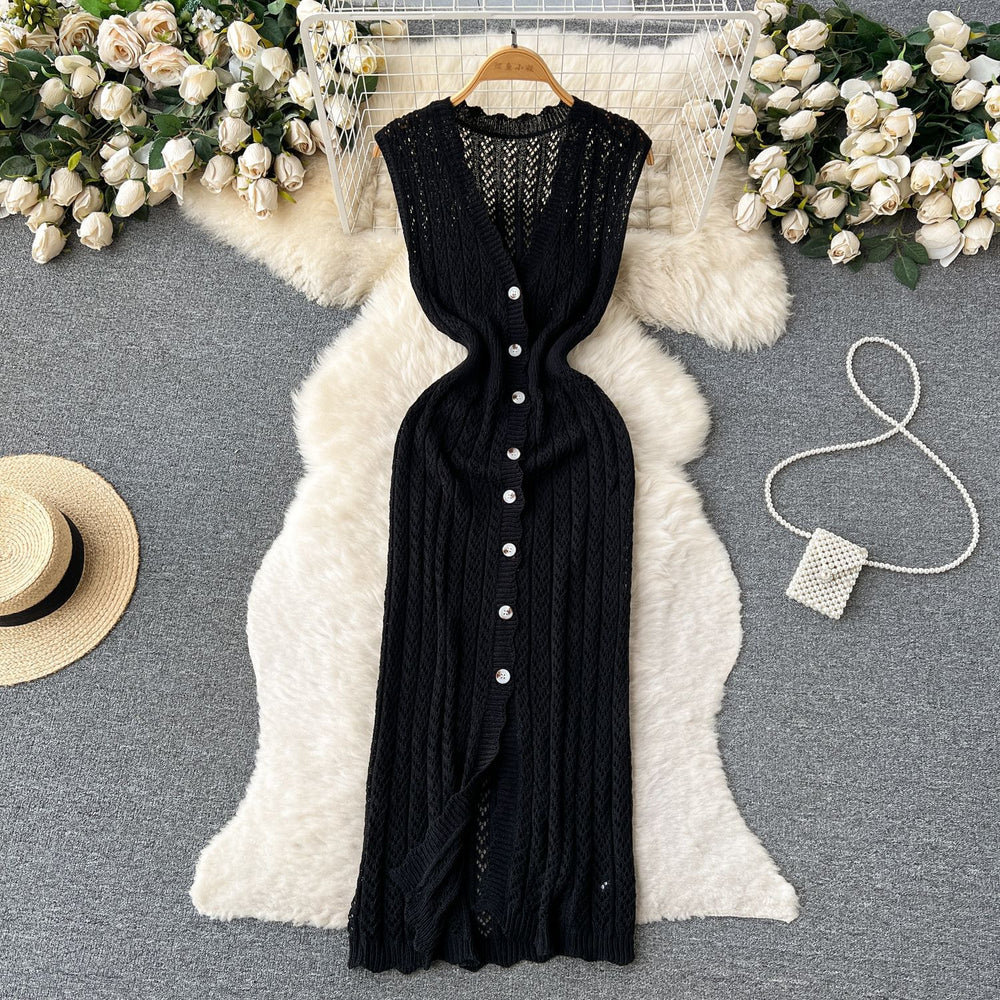 Summer korean chic slimming crochet sleeveless dress - women's single-breasted v-neck bodycon slit maxi dress