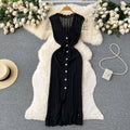 Summer korean chic slimming crochet sleeveless dress - women's single-breasted v-neck bodycon slit maxi dress