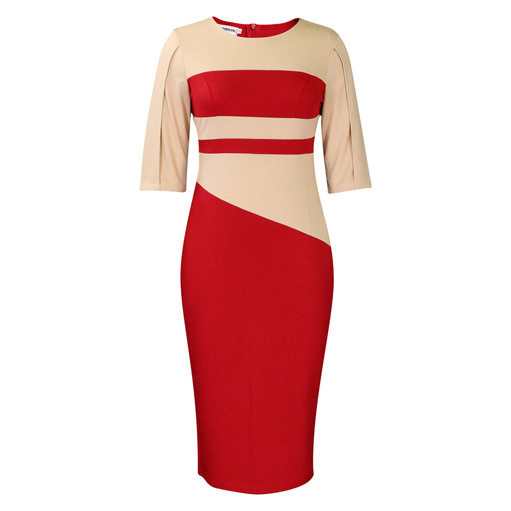 African plus size women's clothing  spring new fashion elegant ol five-sleeve color block bodycon foreign trade dress