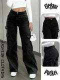 High-waisted, multi-pocket, wide-leg cargo jeans for women. slimming, with a flattering drape. these versatile, floor-sweeping straight-leg pants are the new must-have for summer