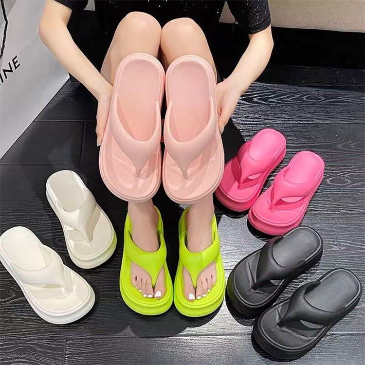 Summernew arrivalevathick sole flip-flops women's outwear height-increasing soft bottompure color flip-flops niche ins trend