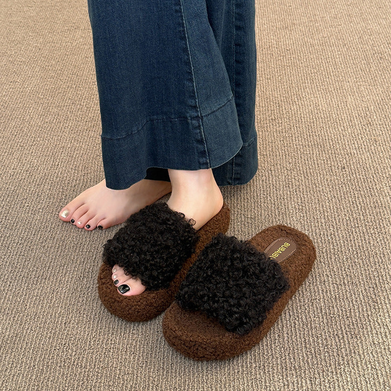 Fall and winterthick sole lambswool cotton slippers for women new arrivalk-stylesweet fur slippers with one strap fleece-lined cotton slippers for women