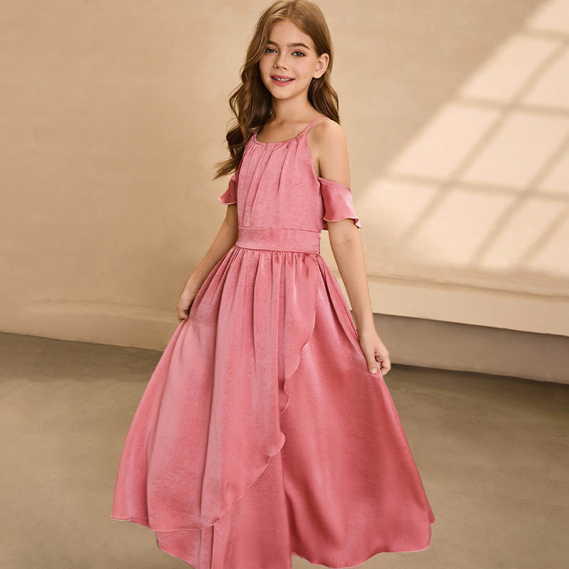 fashion style girl dress chiffon off-shoulder sense of design long skirt new arrivalgirl dress custom style