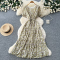 French floral v-neck dress - women's summer  collection: round neck, short sleeve, slim fit, ruffle hem, elegant maxi dress