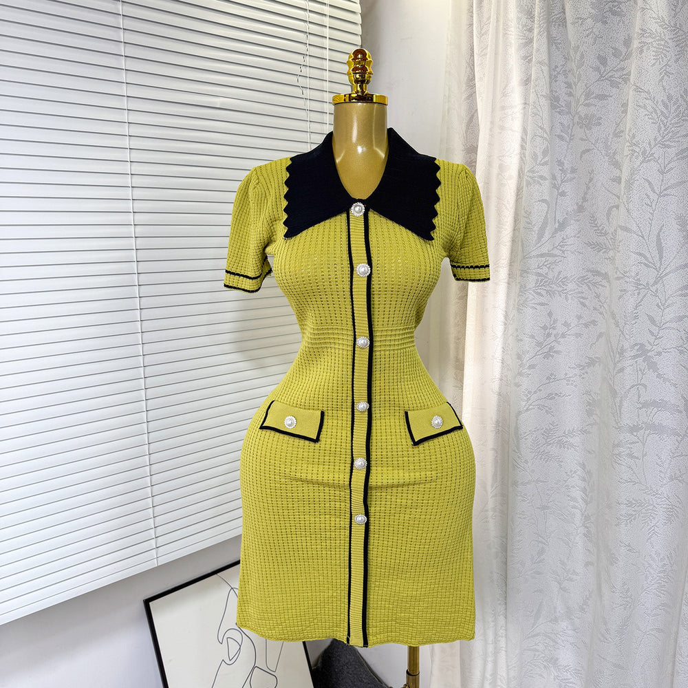 Frenchretrofashionablecontrast colorpolo collar short-sleeved dress women's summer metal buckle waist slimming lookknitting skirt