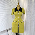 Frenchretrofashionablecontrast colorpolo collar short-sleeved dress women's summer metal buckle waist slimming lookknitting skirt