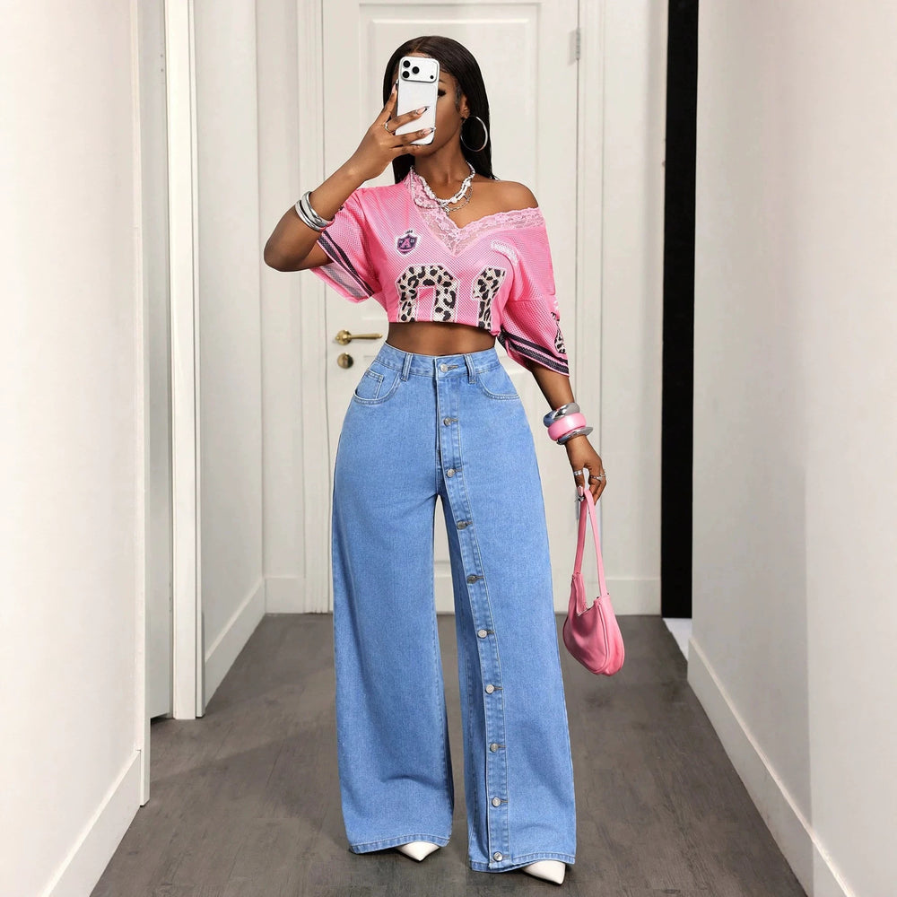 Fashionjeans women's light blue washed placket buttoned stylish slit high waistloose floor-length wide-leg denim pants