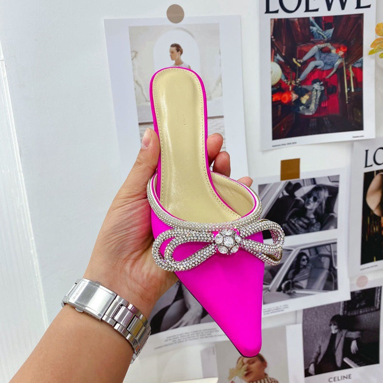 Summer closed-toe backless heeled sandals with bow and rhinestone detail - european & american design, unique high-heeled slides for women