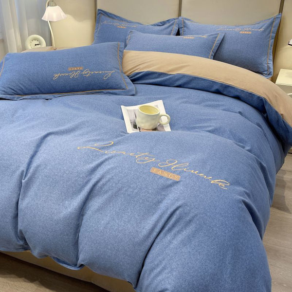 New solid color double-spell cotton four-piece set thickened pure cotton polished embroidery quilt cover cream wind three-piece set wholesale
