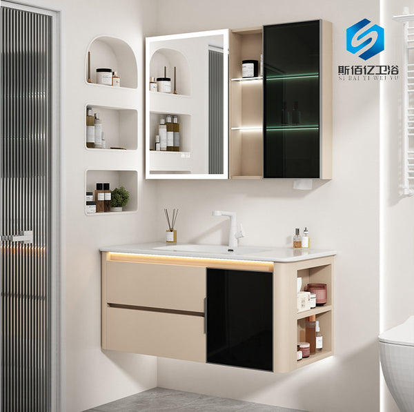 Hotel light luxury ceramic integrated basin high-end bathroom cabinet toilet makeup mirror cabinet multi-layer solid wood household bathroom cabinet