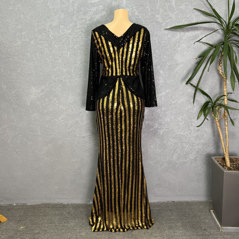 African cross-border  new arrival sequinfashion women's three-quarter sleeve fishtail long skirt sleeve fashion evening wear fashion
