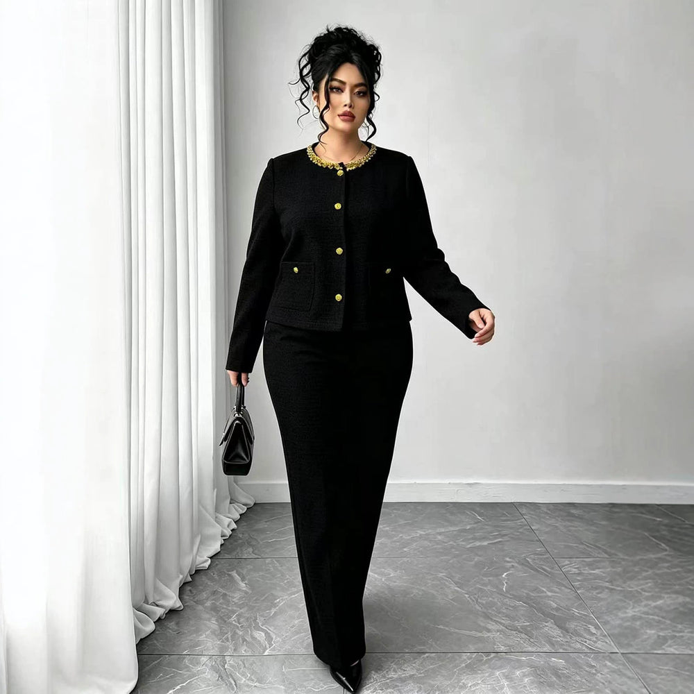Exportfashion socialite style plus size suit beaded round neck single-breasted short topsloosehigh waist wide leg pants