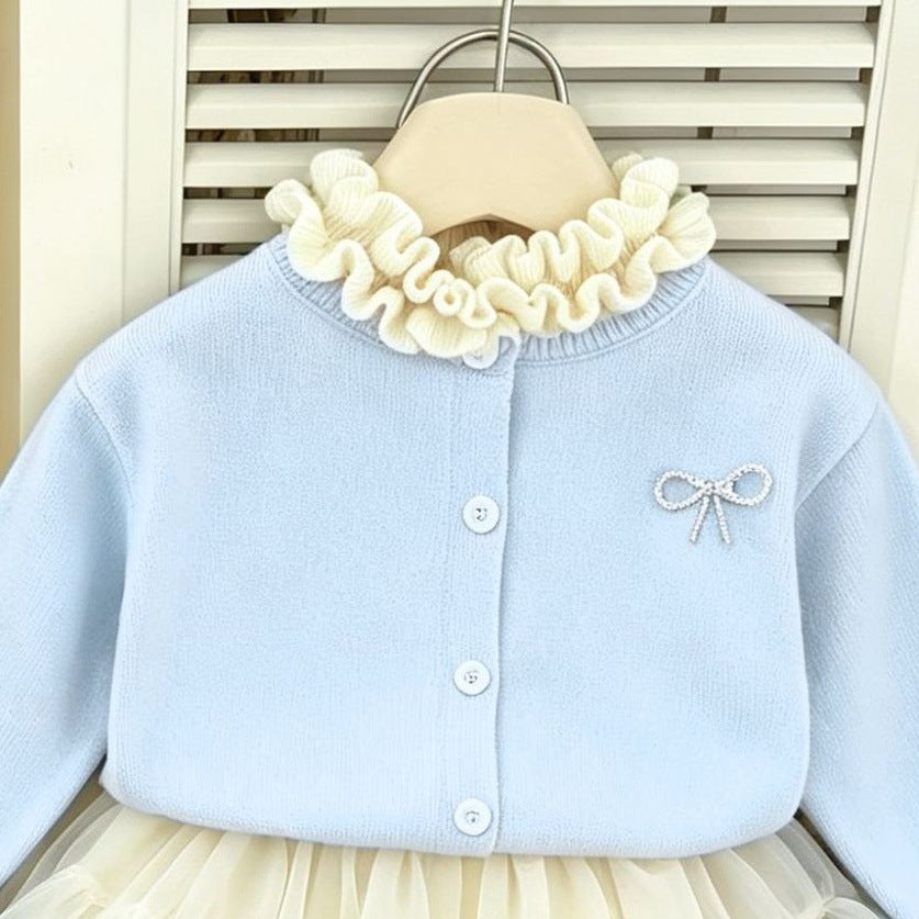 Korean style girls' fall/winter new collection: ruffle-trimmed sweater cardigan & fluffy tutu skirt two-piece set