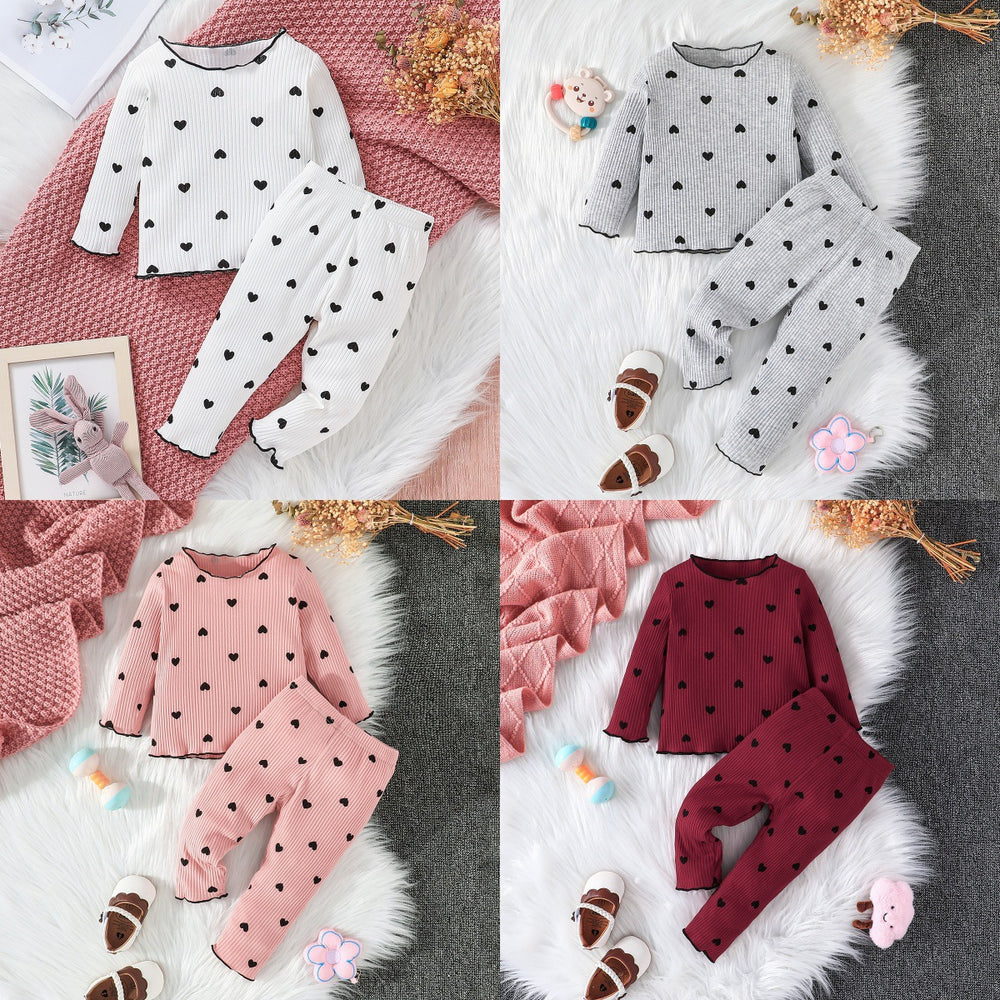 cross-border fashion baby & toddler valentine's day new collection: solid color ribbed knit heart print long sleeve two-piece set - ready stock wholesale