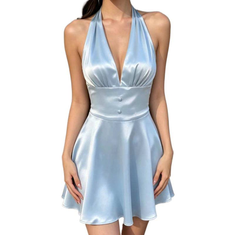 Amazon women's clothing  summer new arrival slim-fit v-neck elegant satin halter neck cinched waist a-line dress